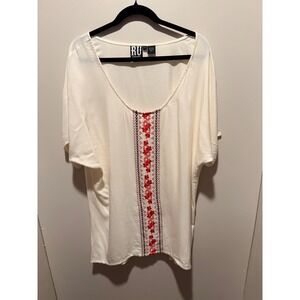 RU Apparel Womens 1X Cream Floral Embroidered Short Sleeve Boho Top